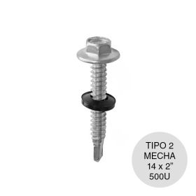 Tornillo autoperforante Tipo 2 c/arandela punta mecha hexagonal 14 x 2" pack x 500u